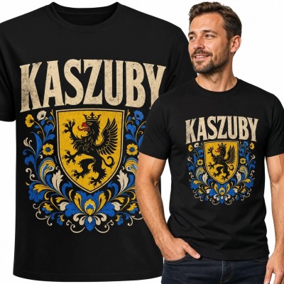Koszulka męska „Kaszuby” - herb z czarnym gryfem i ornament kaszubski