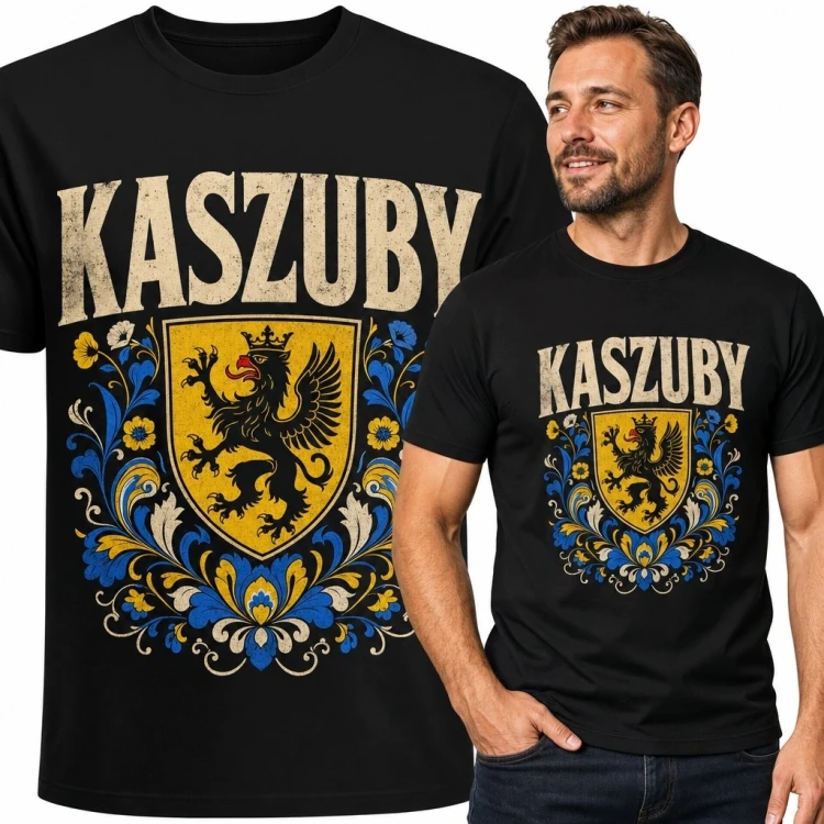 Koszulka męska „Kaszuby” - herb z czarnym gryfem i ornament kaszubski