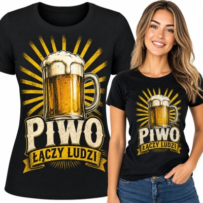 Koszulka damska „Piwo łączy ludzi” - kufel z pianą i retro promienie