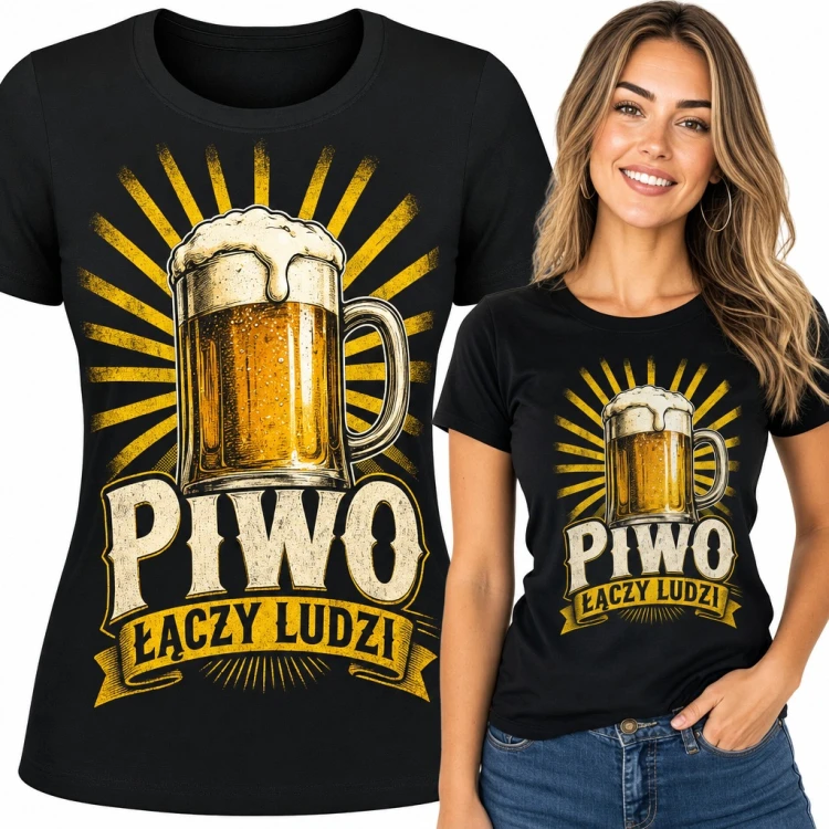Koszulka damska „Piwo łączy ludzi” - kufel z pianą i retro promienie