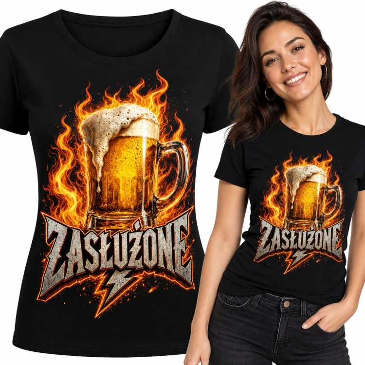 Koszulka damska kufel piwa w płomieniach „Zasłużone” w stylu metal