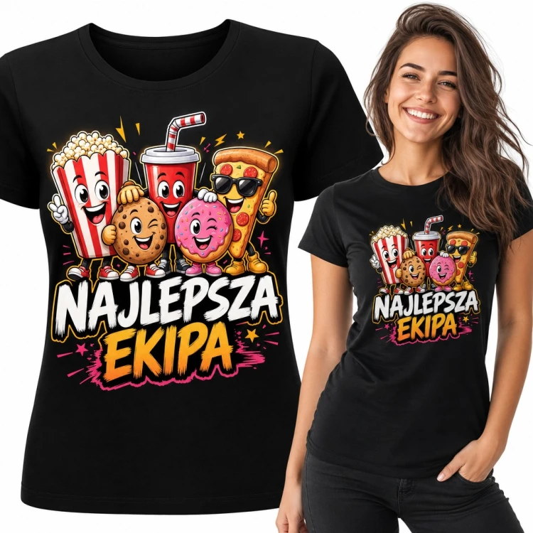 Koszulka damska „Najlepsza ekipa” - wesołe przekąski popcorn, pizza i pączek