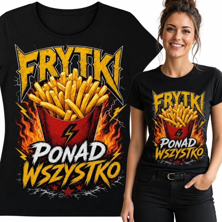 Koszulka damska „Frytki ponad wszystko” - metalowy napis i płonące frytki