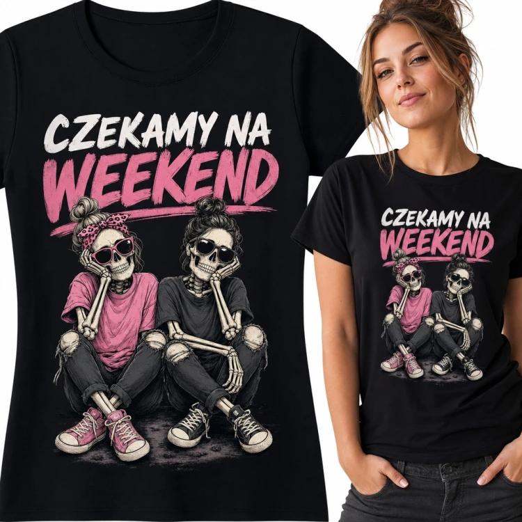 Koszulka damska „Czekamy na weekend” - szkielety przyjaciółki w okularach