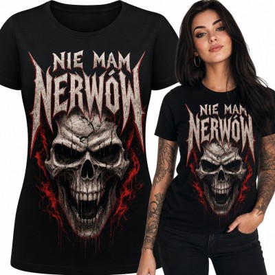 Koszulka damska z czaszką i metalowym napisem „Nie mam nerwów”