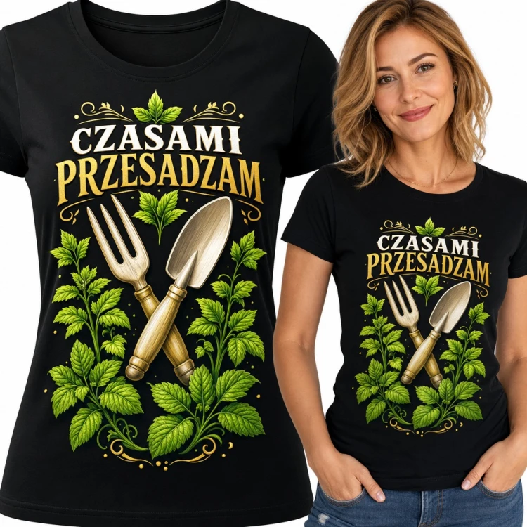 Koszulka damska „Czasami przesadzam” - dla ogrodniczki z łopatką i liśćmi
