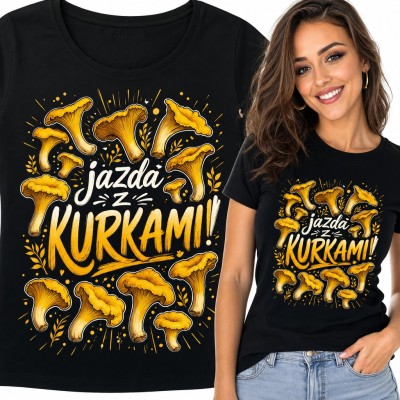 Koszulka damska „Jazda z kurkami!” - żółte kurki dla grzybiarki