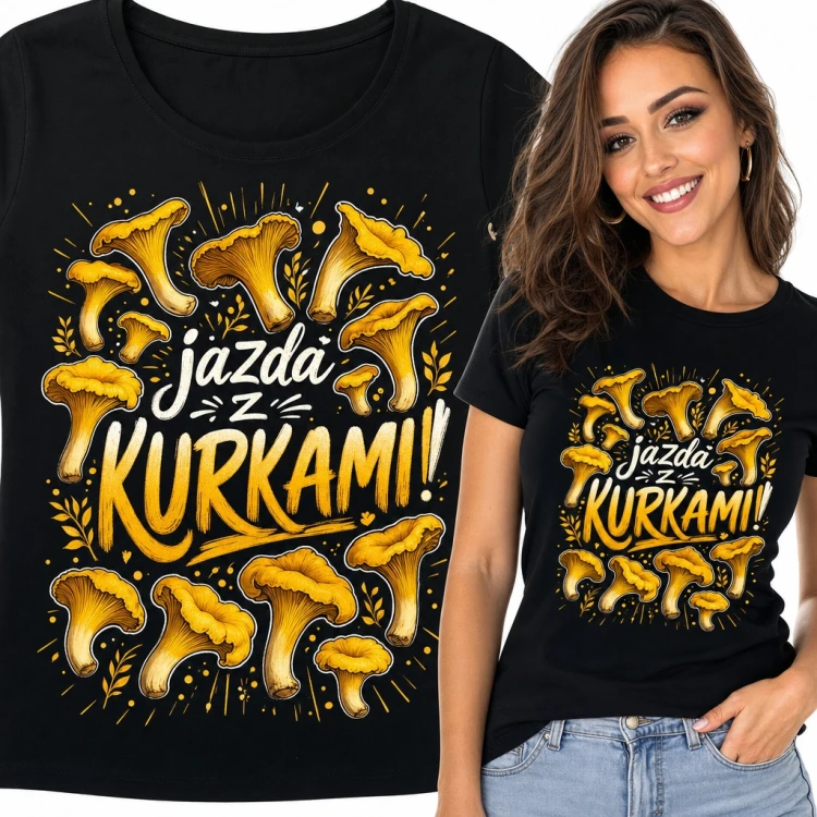 Koszulka damska „Jazda z kurkami!” - żółte kurki dla grzybiarki
