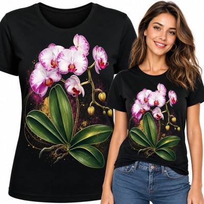 Koszulka damska ze storczykiem falenopsis - różowe orchidee ze złotymi akcentami