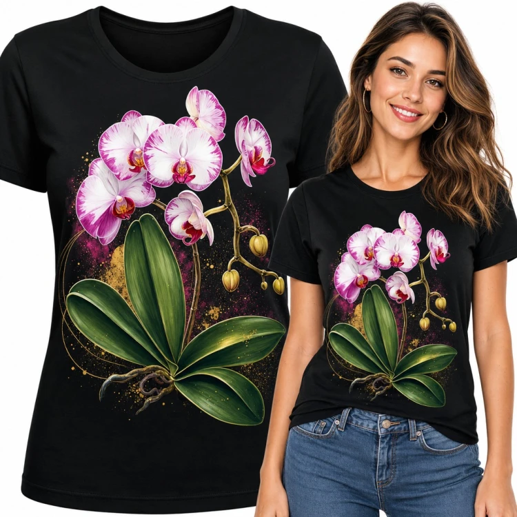Koszulka damska ze storczykiem falenopsis - różowe orchidee ze złotymi akcentami