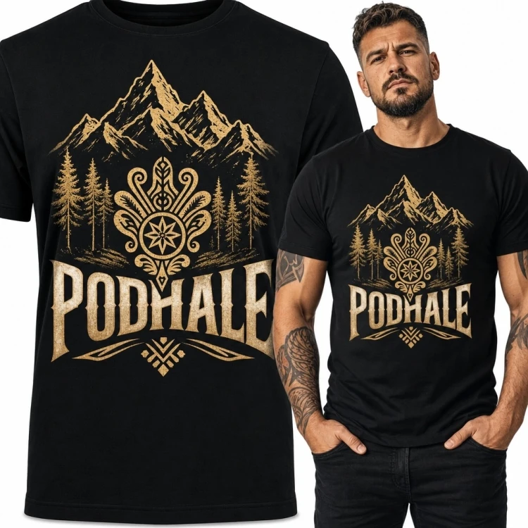 Koszulka męska z górskim motywem „Podhale” i podhalańskim ornamentem - folkowy wzór