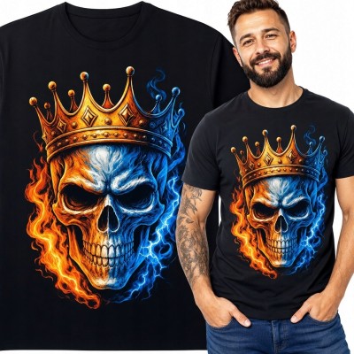 Koszulka męska z czaszką w złotej koronie i płomieniach - mroczne fantasy