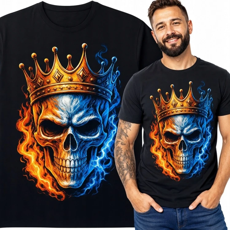 Koszulka męska z czaszką w złotej koronie i płomieniach - mroczne fantasy