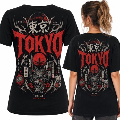 Koszulka damska „Tokyo” - japońska ulica, karp koi i maneki-neko - duży nadruk na plecach