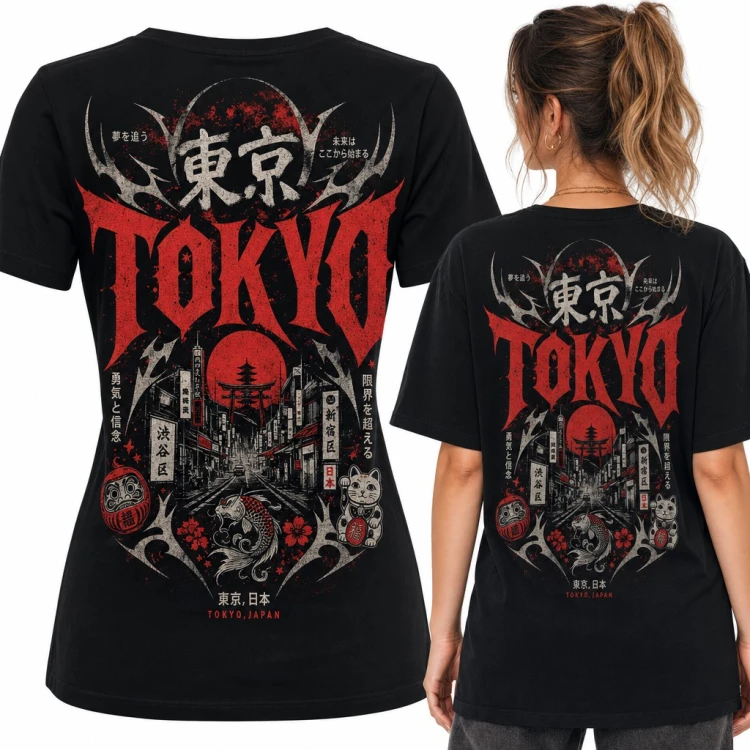 Koszulka damska „Tokyo” - japońska ulica, karp koi i maneki-neko - duży nadruk na plecach