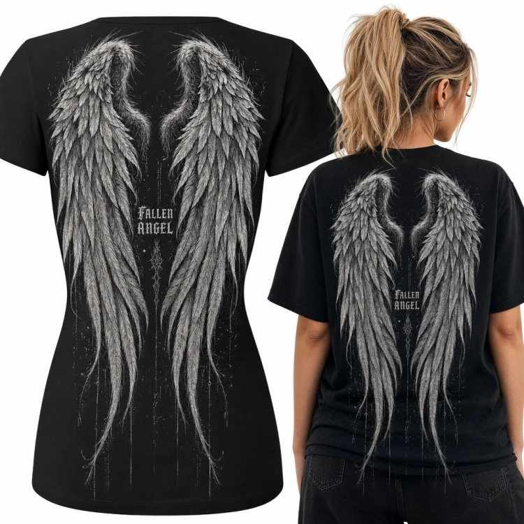 Koszulka damska „Fallen Angel” - gotyckie skrzydła z piór - duży nadruk na plecach