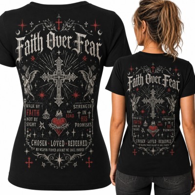 Koszulka damska gotycka z krzyżem i aniołami „Faith Over Fear” - duży nadruk na plecach