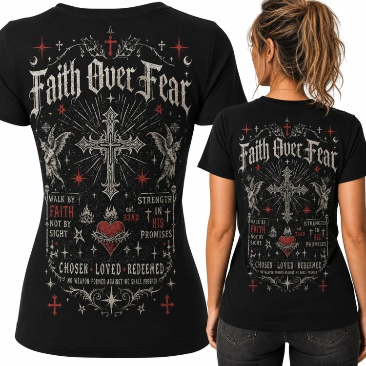 Koszulka damska gotycka z krzyżem i aniołami „Faith Over Fear” - duży nadruk na plecach