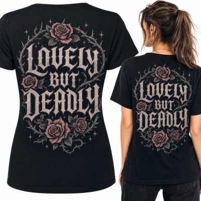 Koszulka damska gotycka „Lovely but deadly” z różami i cierniami - duży nadruk na plecach