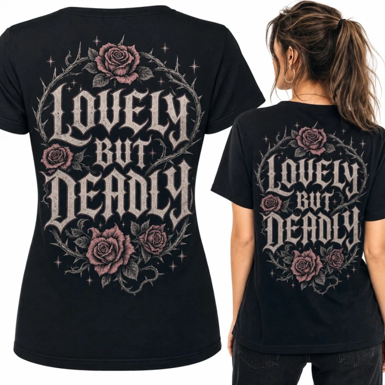 Koszulka damska gotycka „Lovely but deadly” z różami i cierniami - duży nadruk na plecach