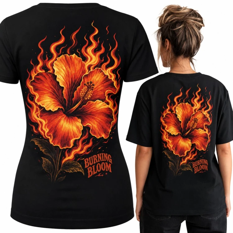 Koszulka damska z hibiskusem w płomieniach „Burning Bloom” - duży nadruk na plecach