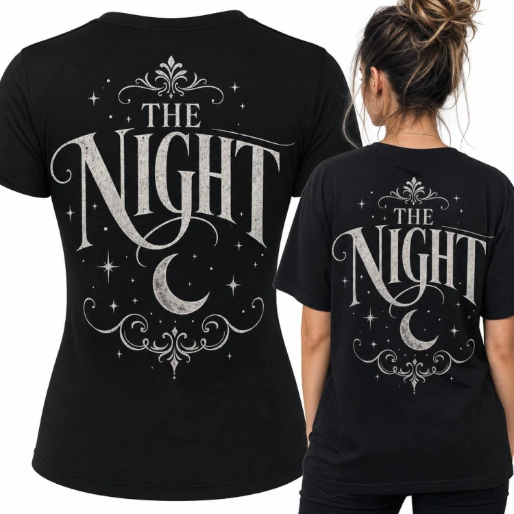 Koszulka damska „The Night” z półksiężycem i gotyckimi ornamentami - duży nadruk na plecach