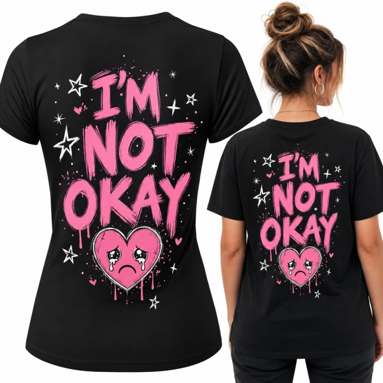 Koszulka damska „I'm not okay” z płaczącym sercem w stylu emo - duży nadruk na plecach