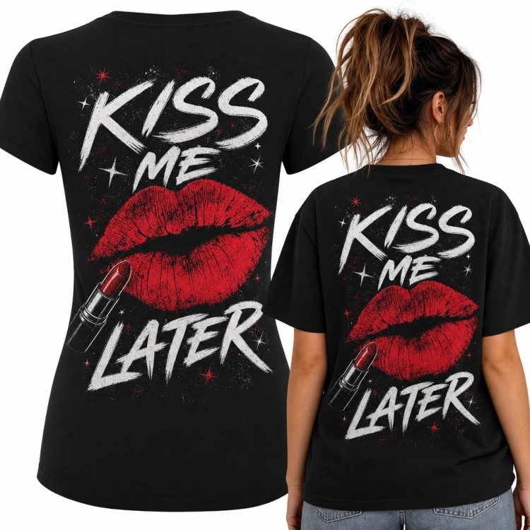 Koszulka damska „Kiss me later” z czerwonymi ustami i szminką - duży nadruk na plecach