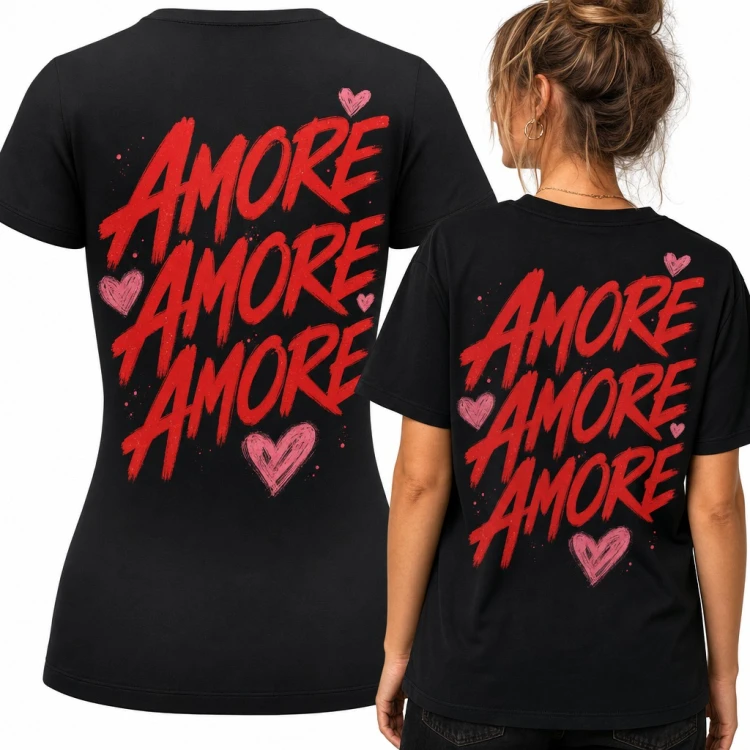 Koszulka damska „Amore amore amore” z sercami w stylu graffiti - duży nadruk na plecach