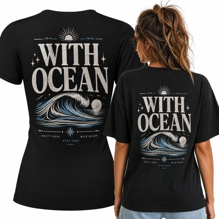 Koszulka damska „With Ocean” z falą i księżycem - duży nadruk na plecach