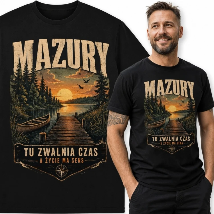 Koszulka męska „Mazury” z jeziorem i hasłem „Tu zwalnia czas”