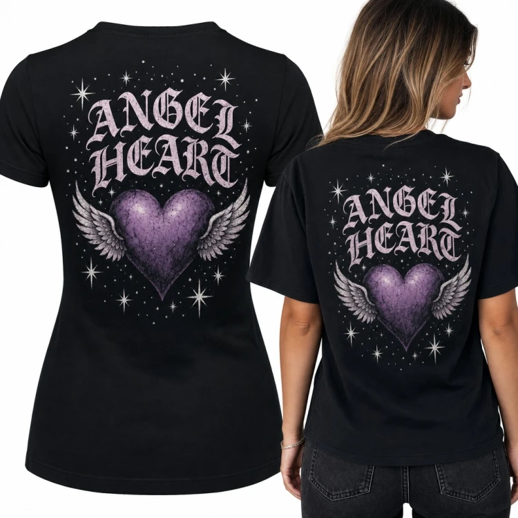 Koszulka damska serce ze skrzydłami „Angel Heart” w gotyckim stylu - duży nadruk na plecach