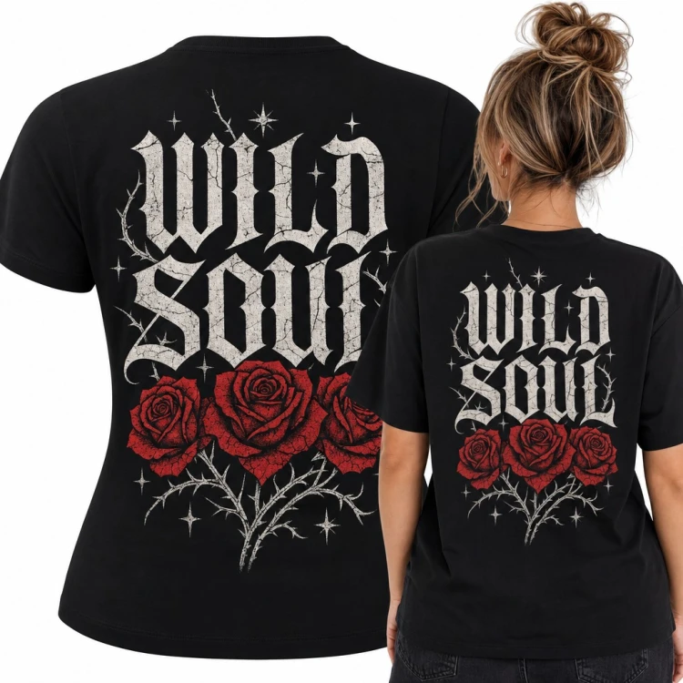 Koszulka damska „Wild Soul” - gotycki napis z czerwonymi różami i cierniami - duży nadruk na plecach