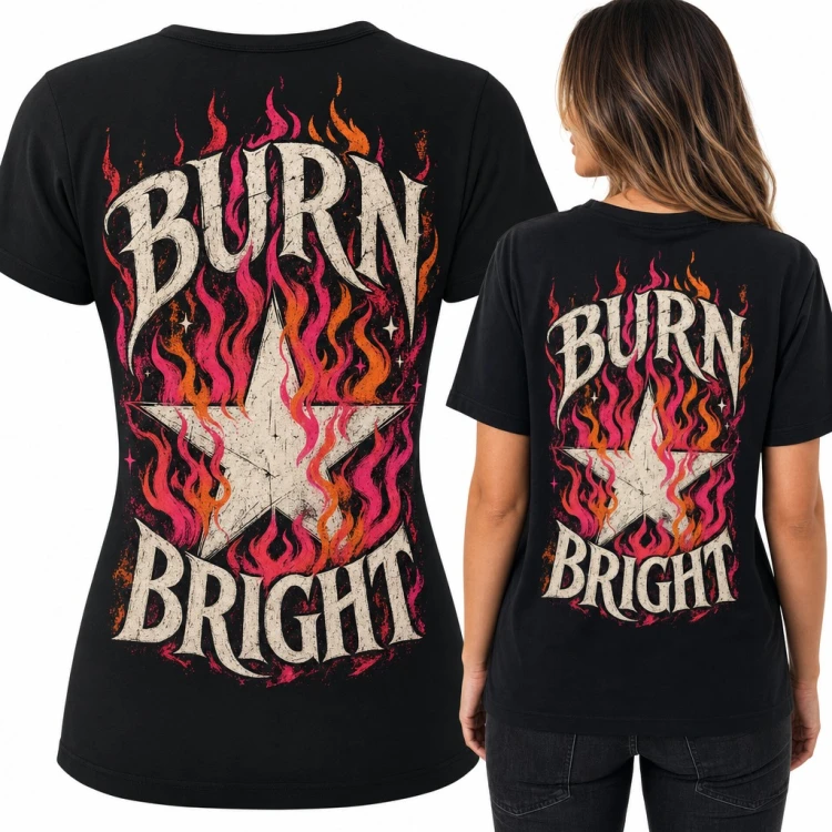Koszulka damska „Burn Bright” z płonącą gwiazdą - duży nadruk na plecach