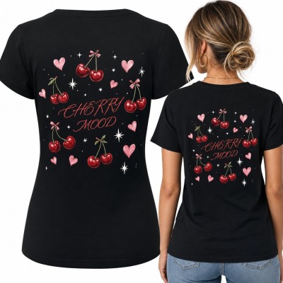 Koszulka damska czereśnie z kokardkami i serduszkami „Cherry mood” - duży nadruk na plecach