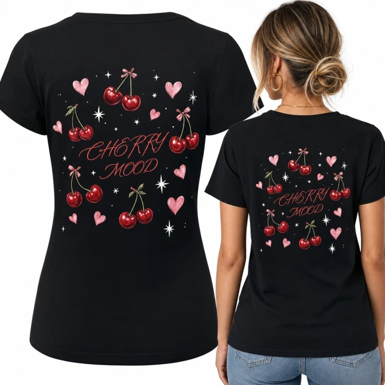 Koszulka damska czereśnie z kokardkami i serduszkami „Cherry mood” - duży nadruk na plecach
