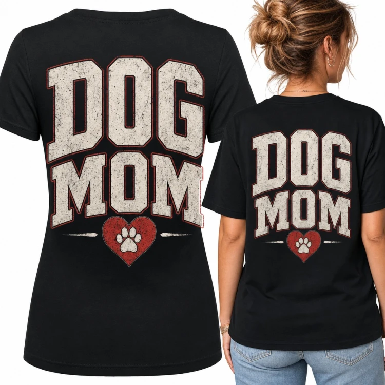 Koszulka damska „Dog Mom” z sercem i psią łapą w stylu college - duży nadruk na plecach