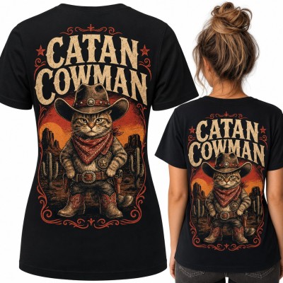 Koszulka damska „Catan Cowman” - kot kowboj z Dzikiego Zachodu, duży nadruk na plecach