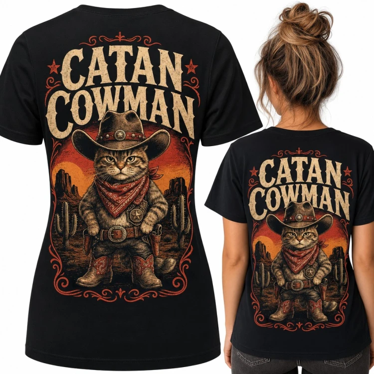 Koszulka damska „Catan Cowman” - kot kowboj z Dzikiego Zachodu, duży nadruk na plecach