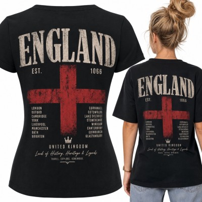 Koszulka damska „England” z flagą Anglii i nazwami miast - duży nadruk na plecach