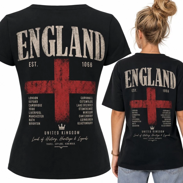 Koszulka damska „England” z flagą Anglii i nazwami miast - duży nadruk na plecach