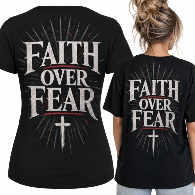 Koszulka damska „Faith over fear” z krzyżem - duży nadruk na plecach