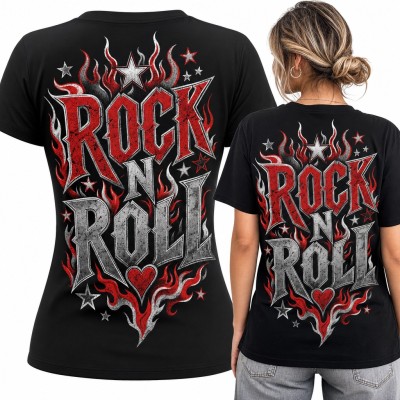 Koszulka damska „Rock N Roll” z płomieniami i sercem - duży nadruk na plecach