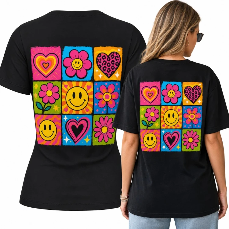 Koszulka damska kolaż smiley, serca i kwiatki groovy - duży nadruk na plecach