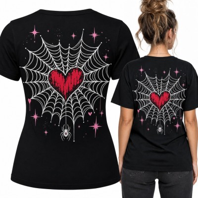Koszulka damska pajęczyna z czerwonym sercem i pająkiem - duży nadruk na plecach