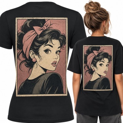 Koszulka damska pin-up retro - dziewczyna z różową chustką w stylu komiksu - duży nadruk na plecach