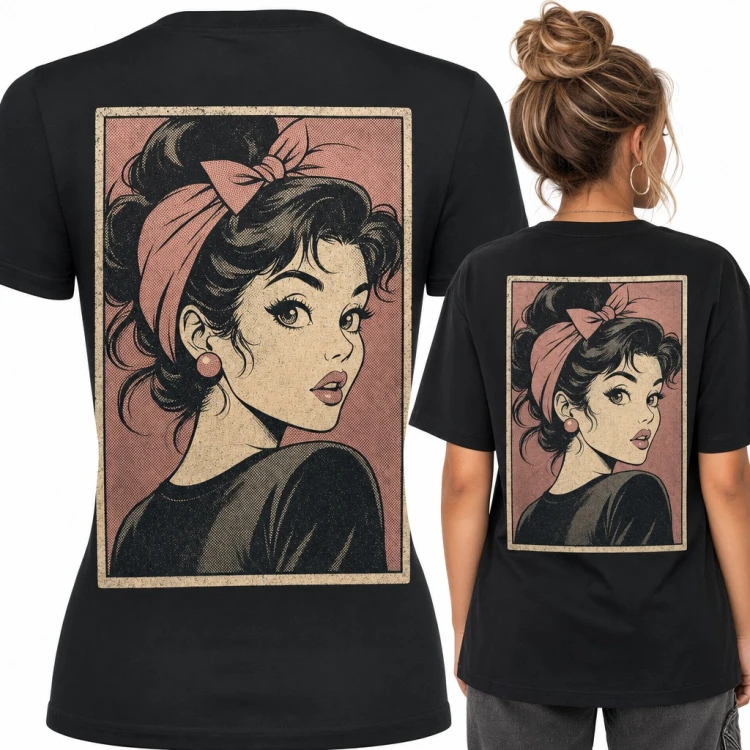 Koszulka damska pin-up retro - dziewczyna z różową chustką w stylu komiksu - duży nadruk na plecach