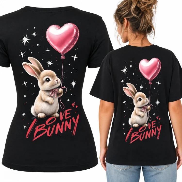 Koszulka damska z króliczkiem i balonem w kształcie serca „I love Bunny” - duży nadruk na plecach