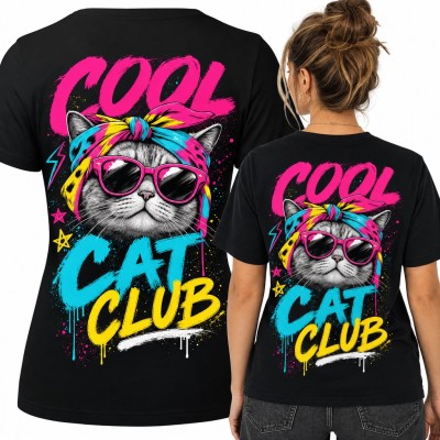 Koszulka damska z kotem w okularach „Cool Cat Club” - duży nadruk na plecach