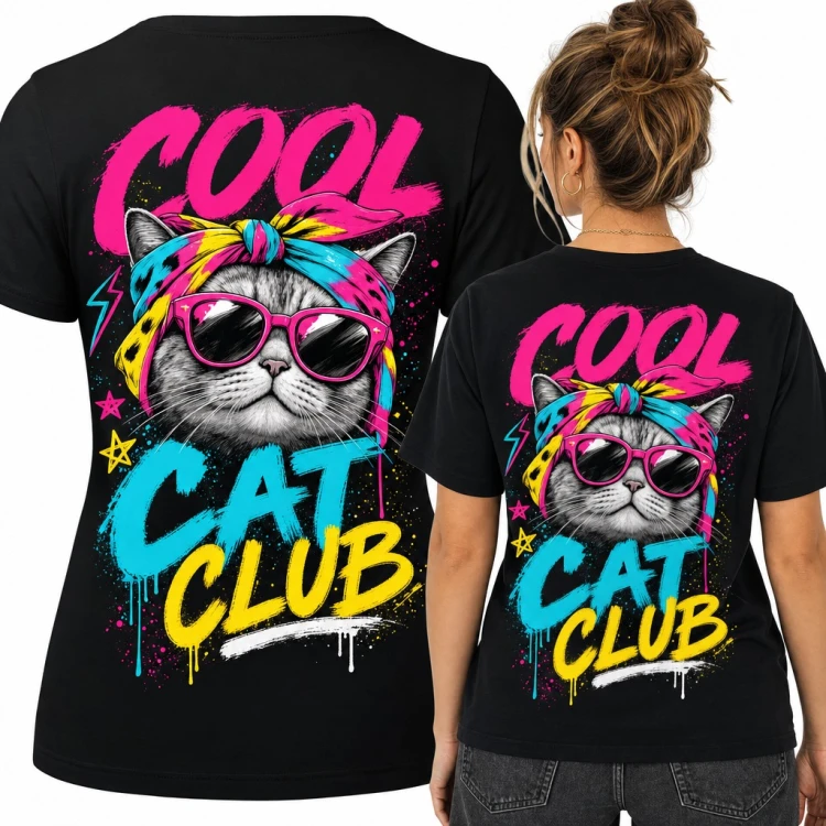 Koszulka damska z kotem w okularach „Cool Cat Club” - duży nadruk na plecach